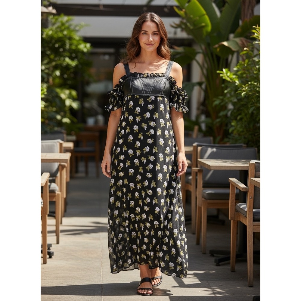 Anthropologie Black Maxi Dress with Lilac‎ Flowers and Olive Leaves